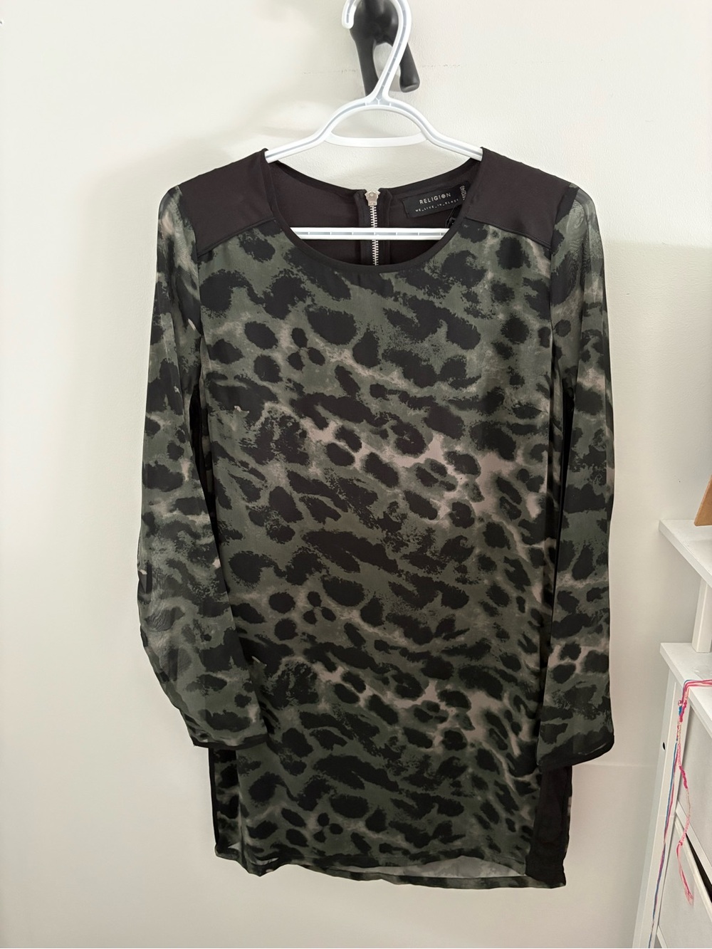 Olive Green Animal-Print Long Sleeve Dress